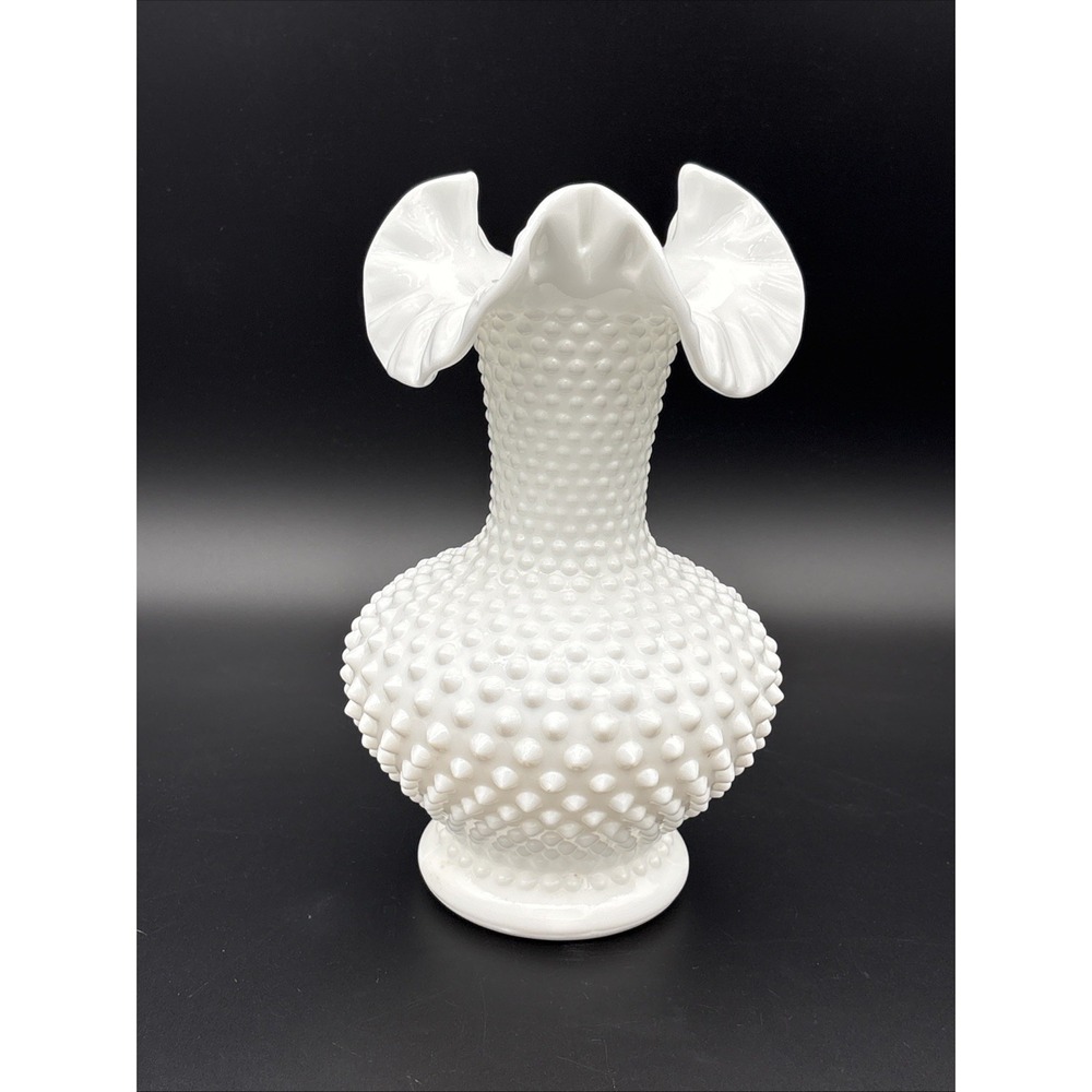 Vintage Fenton White Hobnail Milk Glass Vase 11" Double Crimped Ruffled Rim MCM